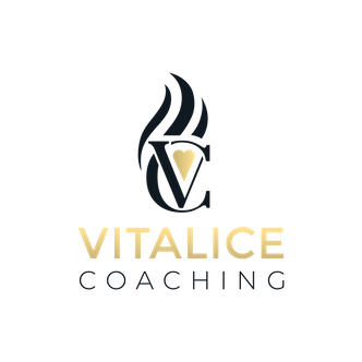 Logo von Vitalice Coaching in Farbe schwarz und Gold mit Herz und Flamme